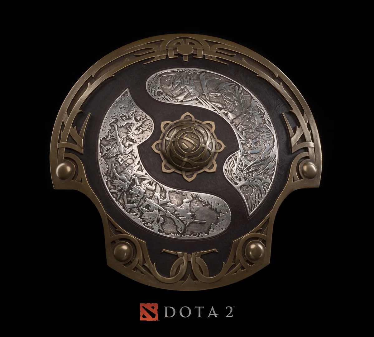 Front view of the Aegis of Champions trophy against a black background, official Valve photograph