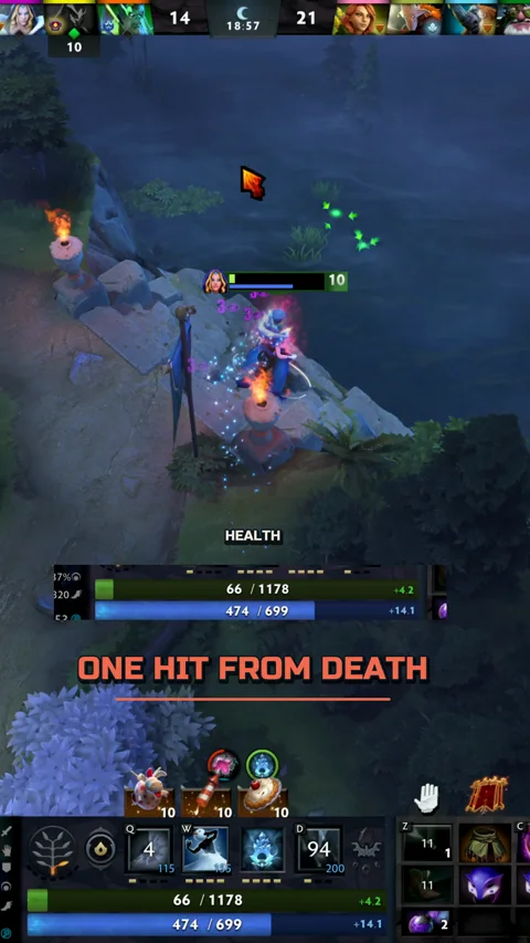 Crystal Maiden frame — 54 HP before the teleport. Breathe.